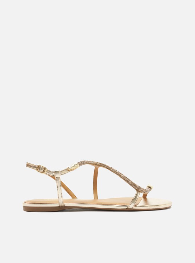 Sandália Rasteira Dourada Metalizada Snake Strass