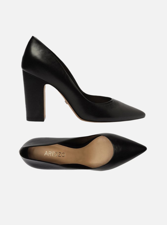 Scarpin Preto Couro Salto Alto Bloco City