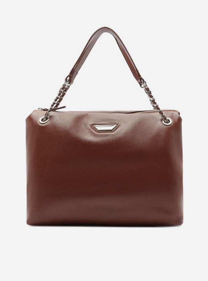 Bolsa Shopping Marrom Couro Grande Metal