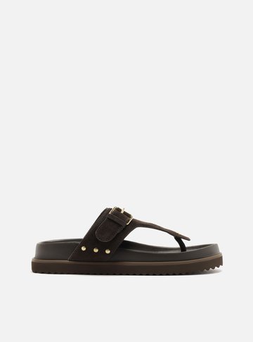 Arezzo — Sandália Papete Marrom Suede Tira Fivela