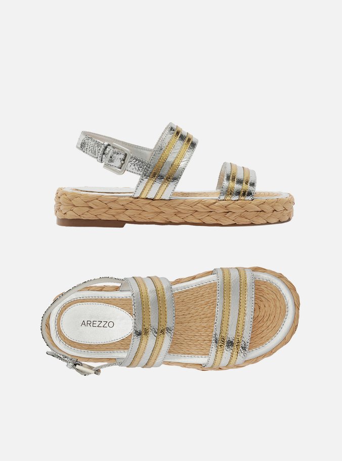 Sandália Papete Metalizada Couro Flatform Fivela