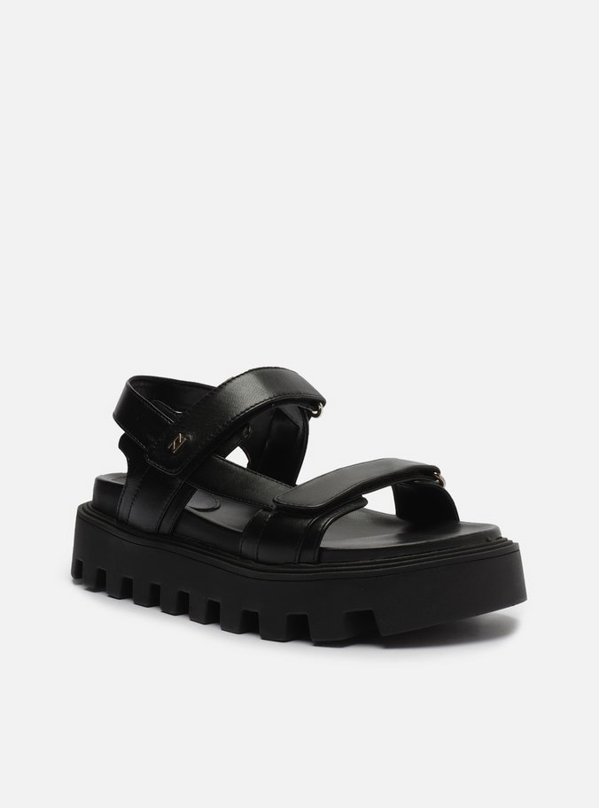 Sandália Papete Preta Couro Flatform Tratorada