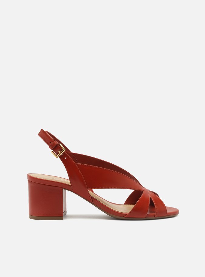 Sandália Marrom Couro Salto Bloco Tiras Cabedal