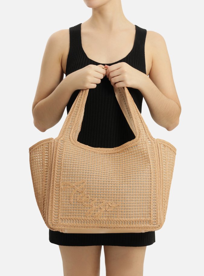 Bolsa Shopping Bege Tramado Grande Bordado Becca