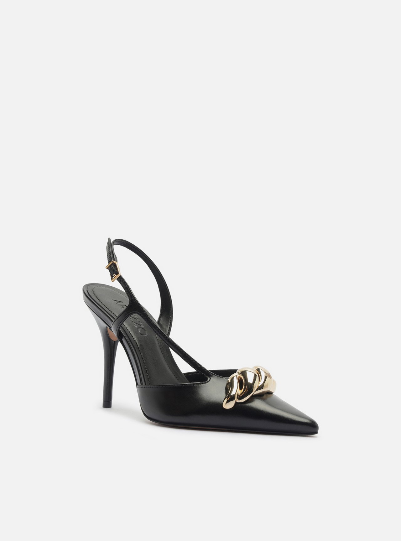 Scarpin Preto Couro Slingback Salto Fino Metais — foto 2