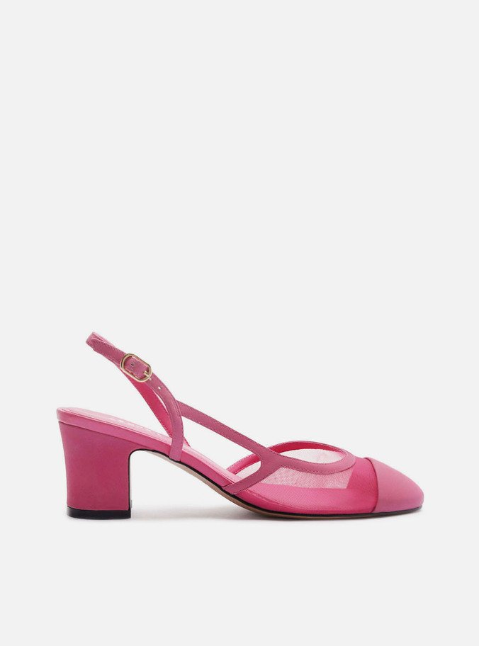 Scarpin Rosa Salto Bloco Slingback Tela