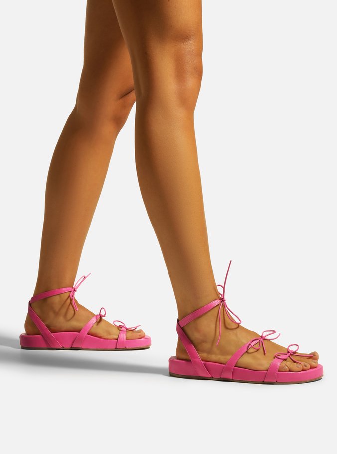 Sandália Rasteira Rosa Couro Flatform