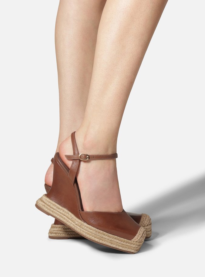 Sandália Anabela Espadrille Marrom Plataforma Fivela Tressê Slingback