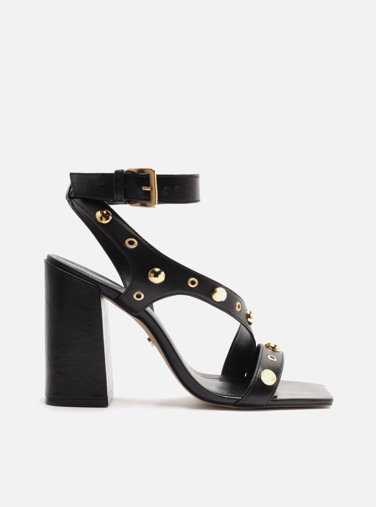 Sandália Preta Couro Salto Bloco Alto Rebites — foto 1