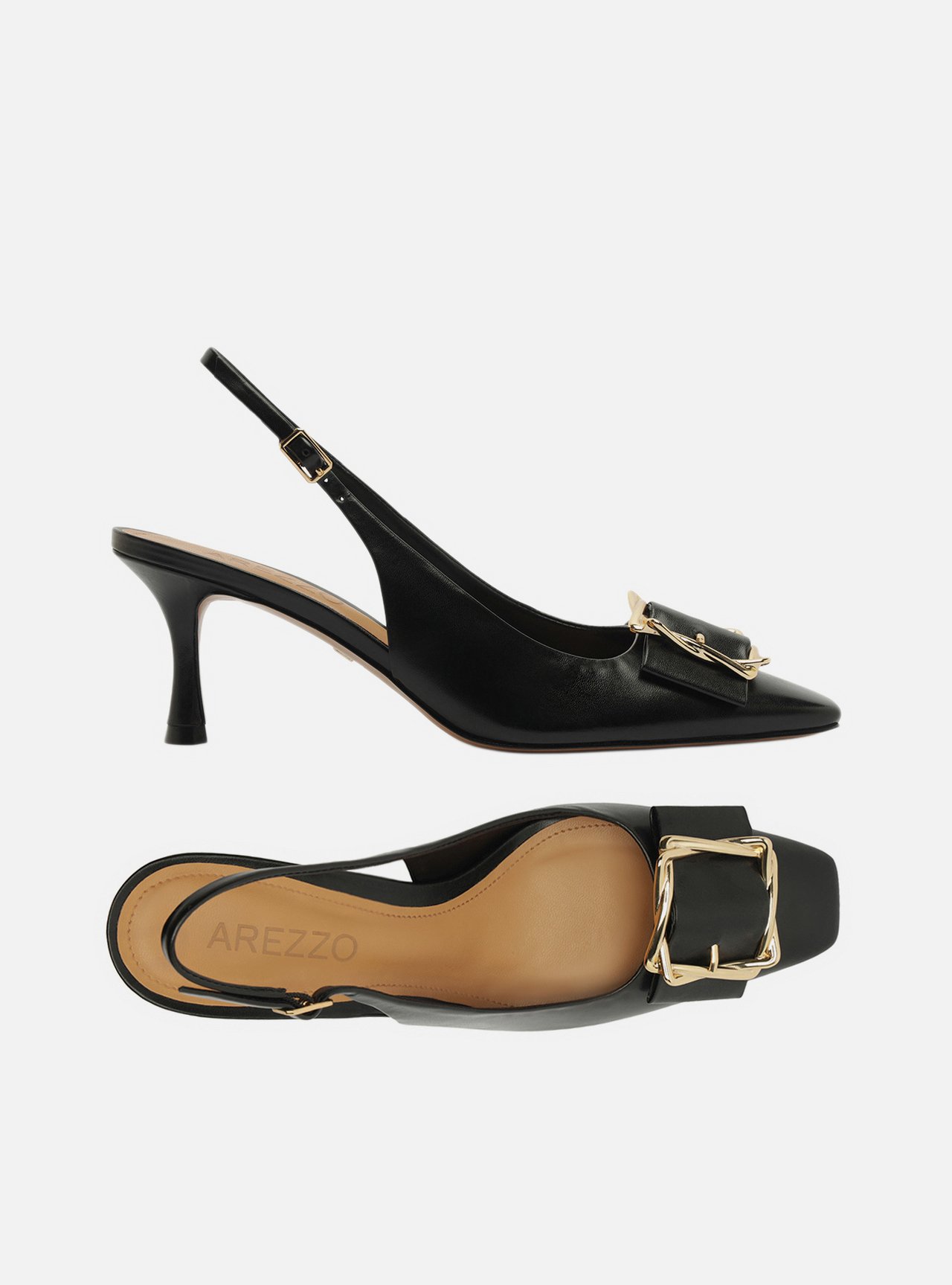 Scarpin Preto Couro Slingback Salto Médio Fivela — foto 6