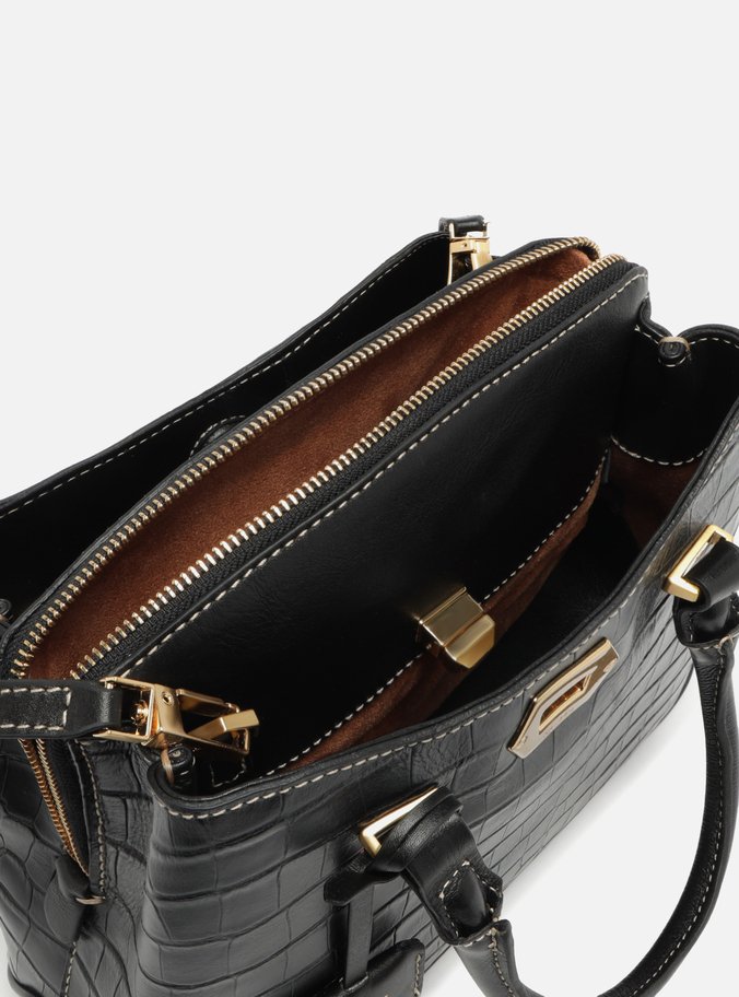 Bolsa Tote Preta Couro Média Croco Charm