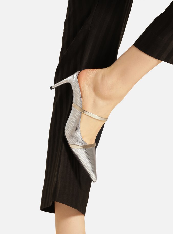Mule Prateada Skin Salto Fino Tiras