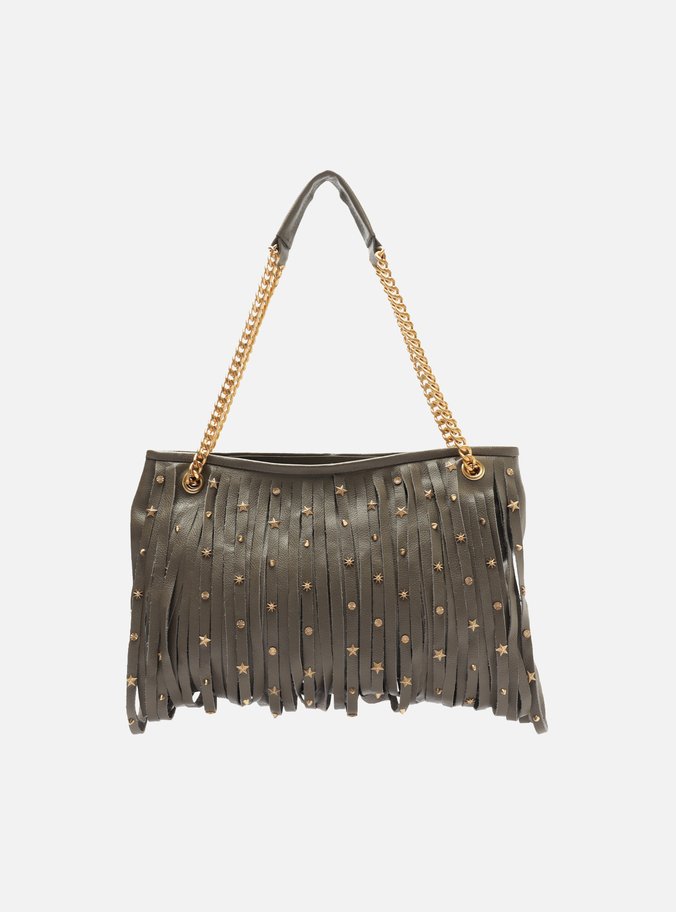 Tiracolo Cinza Couro Média Franjas Metais