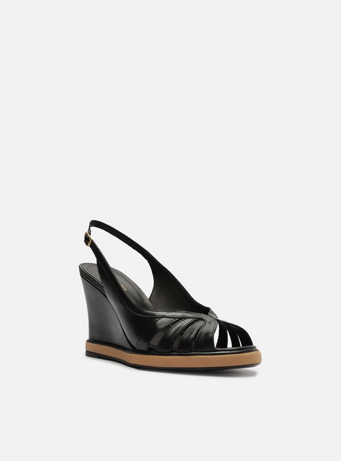 Sandália Preta Couro Salto Alto Anabela Slingback