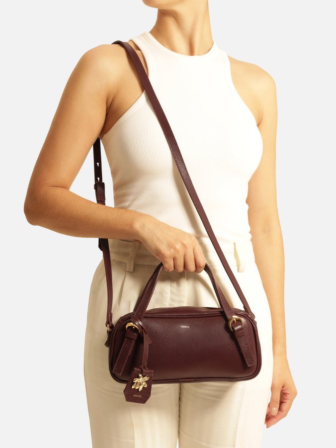 Bolsa Bowling Vinho Couro Grande Metal Flor