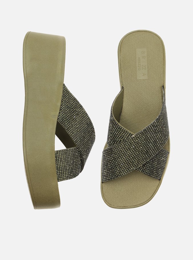 Tamanco Verde Flatform Tiras Strass Lulu