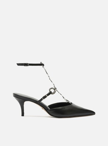 Scarpin Preto Couro Salto Fino Metais TIG