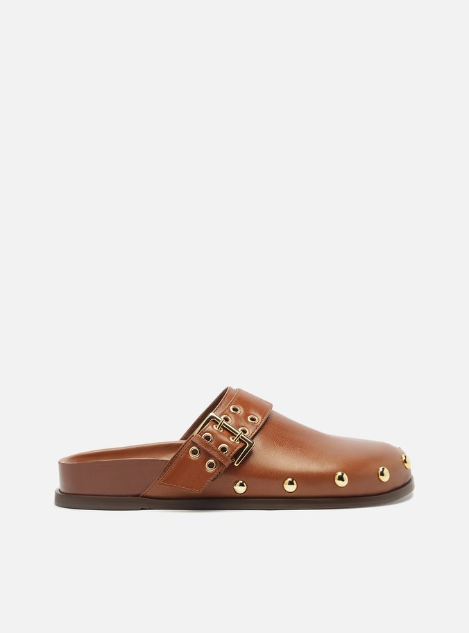 Clog Sabot Marrom Couro Rasteira Fivela