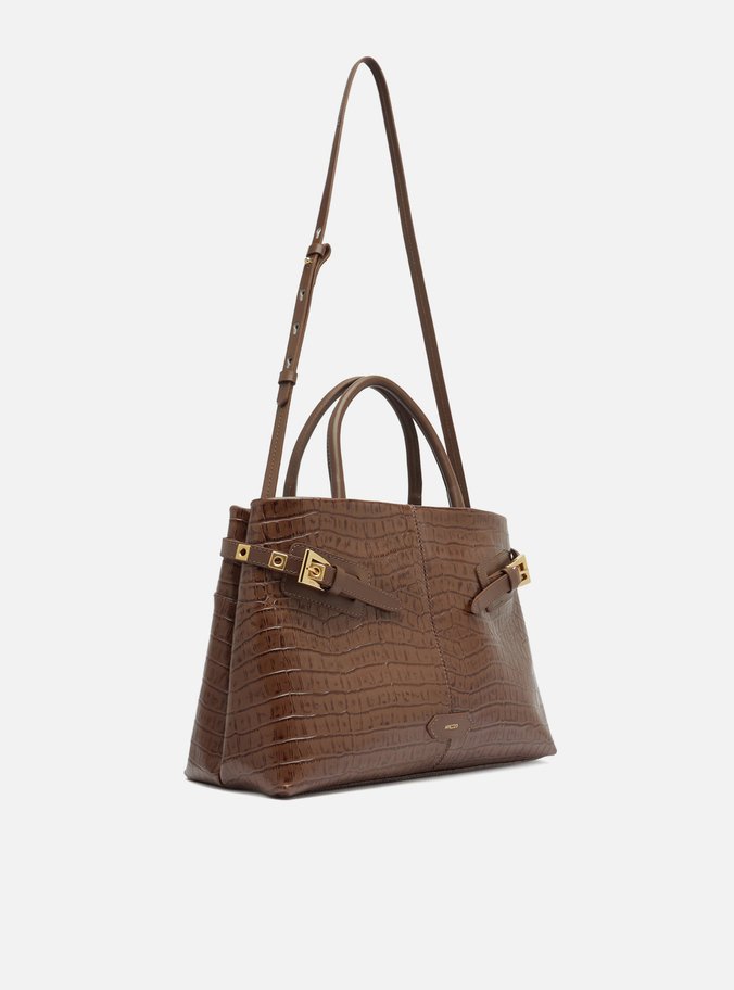 Bolsa Tote Marrom Couro Croco Grande Fivelas