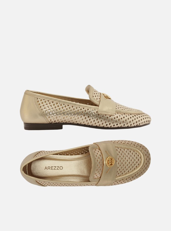 Mocassim Dourado Couro Bico Redondo Vazado Metal