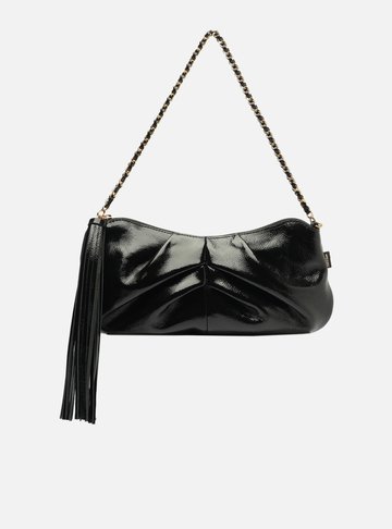 Bolsa Shoulder Preta Couro Grande Franzida