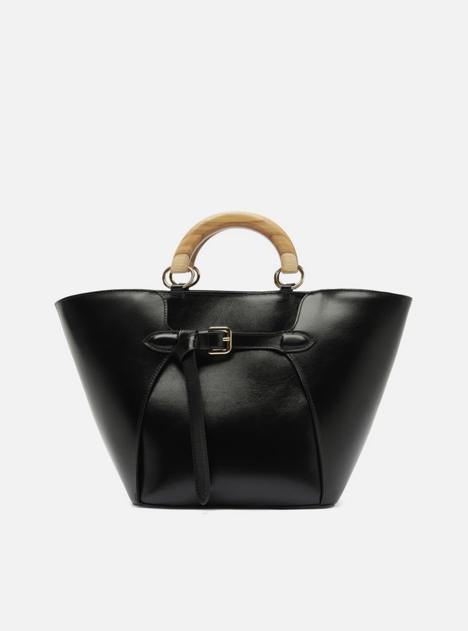 Bolsa Tote Preta Couro Grande Alça Madeira
