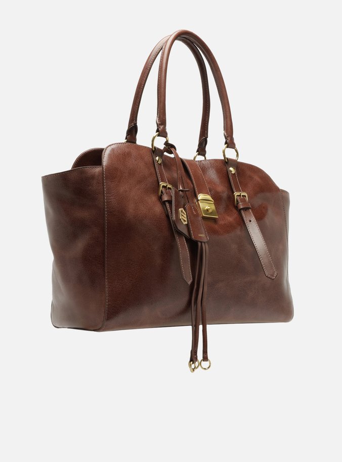 Bolsa Tote Marrom Couro Estonado Grande Metal