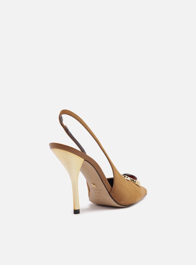 Scarpin Marrom Camurça Salto Alto Slingback Pedraria