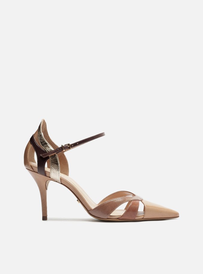 Scarpin Bege Couro Salto Fino Mix Tiras