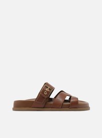 Sandália Rasteira Marrom Couro Fivela