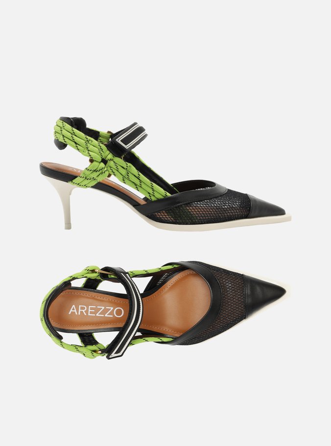 Scarpin Preto Tela Salto Baixo Slingback Cordão