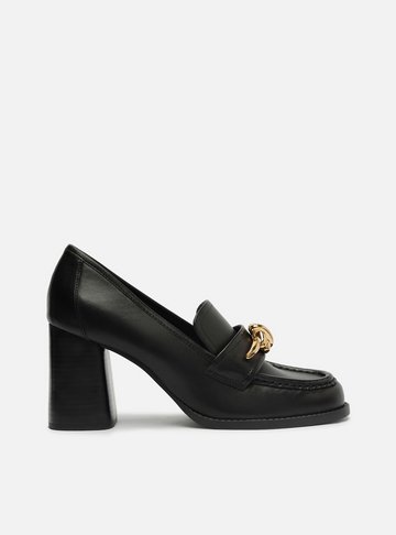 Loafer Preto Couro Salto Bloco Metal Nó
