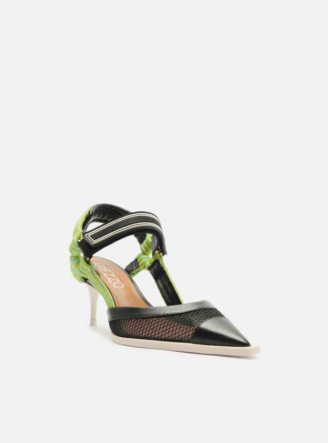 Scarpin Verde Tela Salto Baixo Slingback Cordão