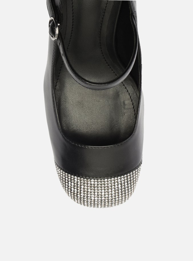 Sapato Boneca Preto Couro Salto Bloco Strass