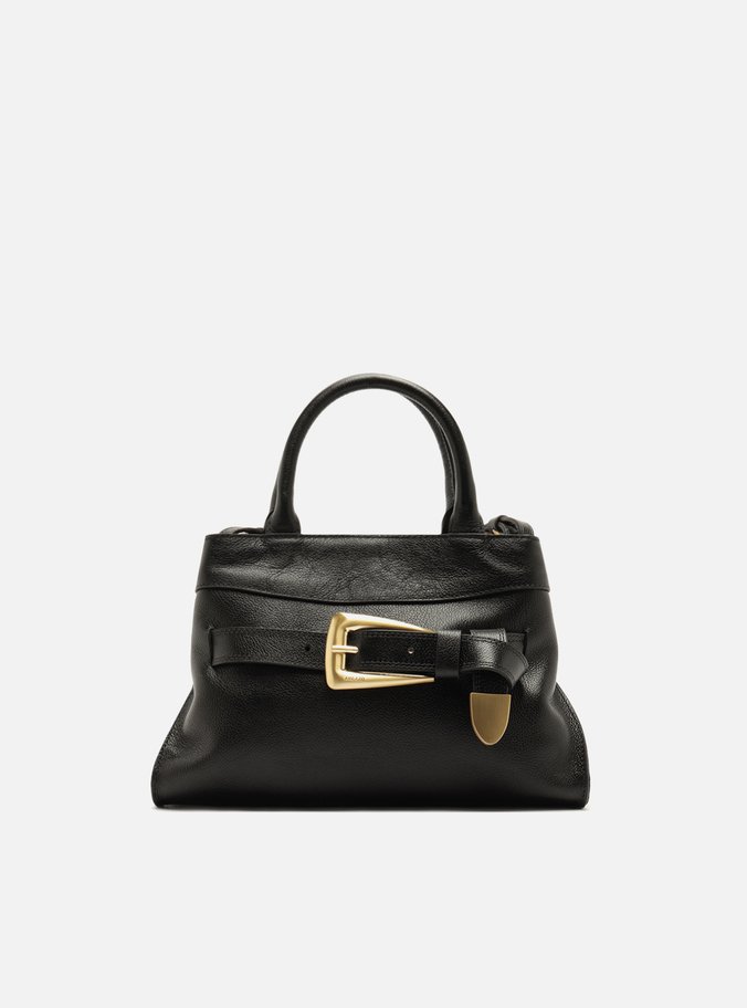Bolsa Tote Preta Couro Média Fivela Dourada