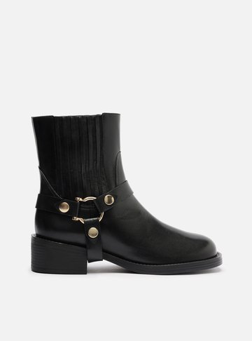 Bota Preta Couro Cano Curto Bloco Metal Biker