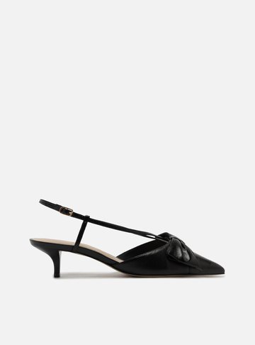 Scarpin Preto Couro Salto Fino Laço Slingback