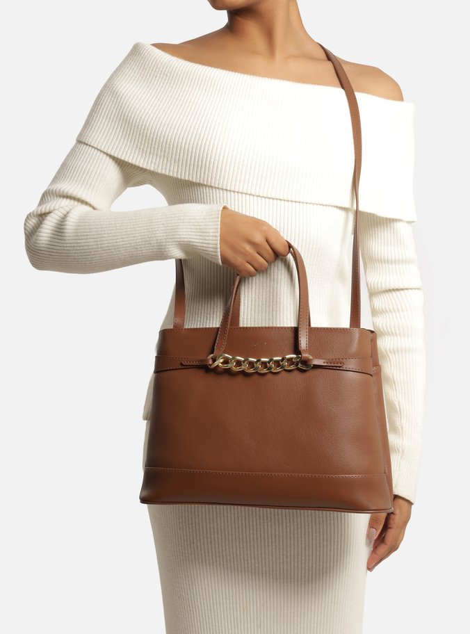 Bolsa Tote Marrom Grande Corrente Frontal