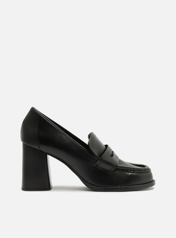 Loafer Preto Couro Salto Bloco Tira