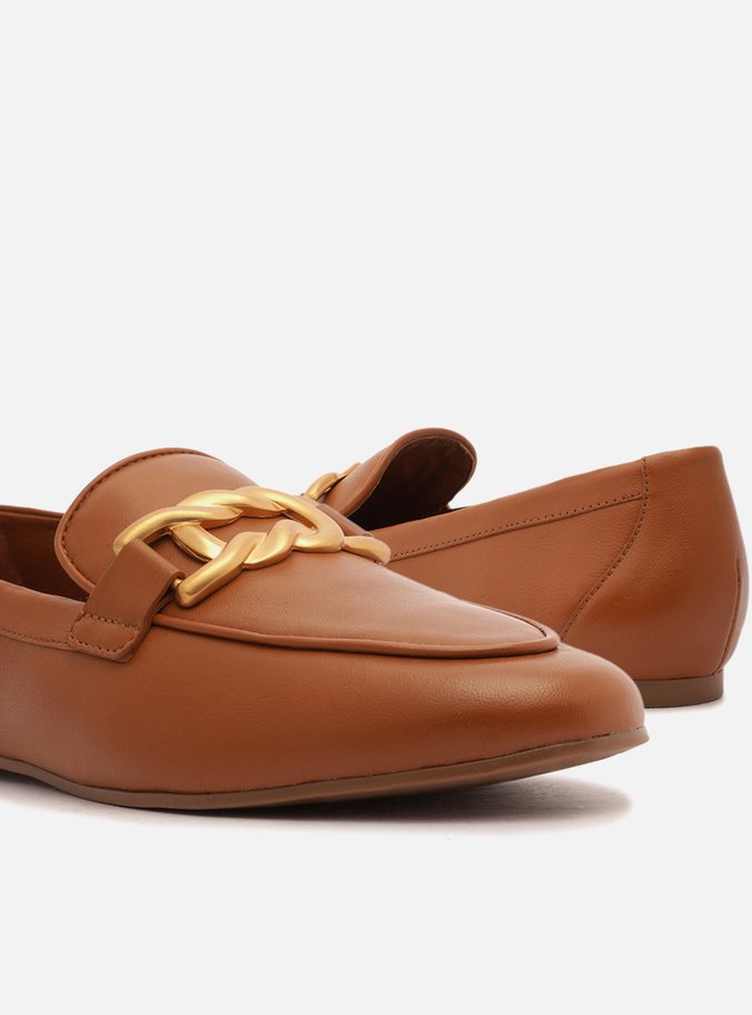Mocassim Marrom Couro Metal Trança