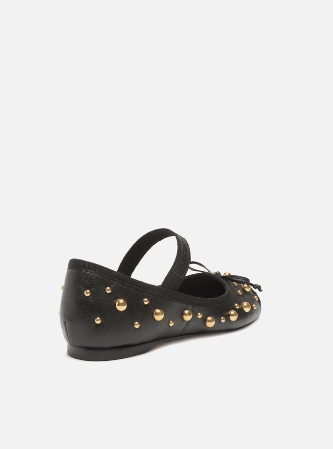 Sapatilha Boneca Preta Couro Bico Redondo Studs