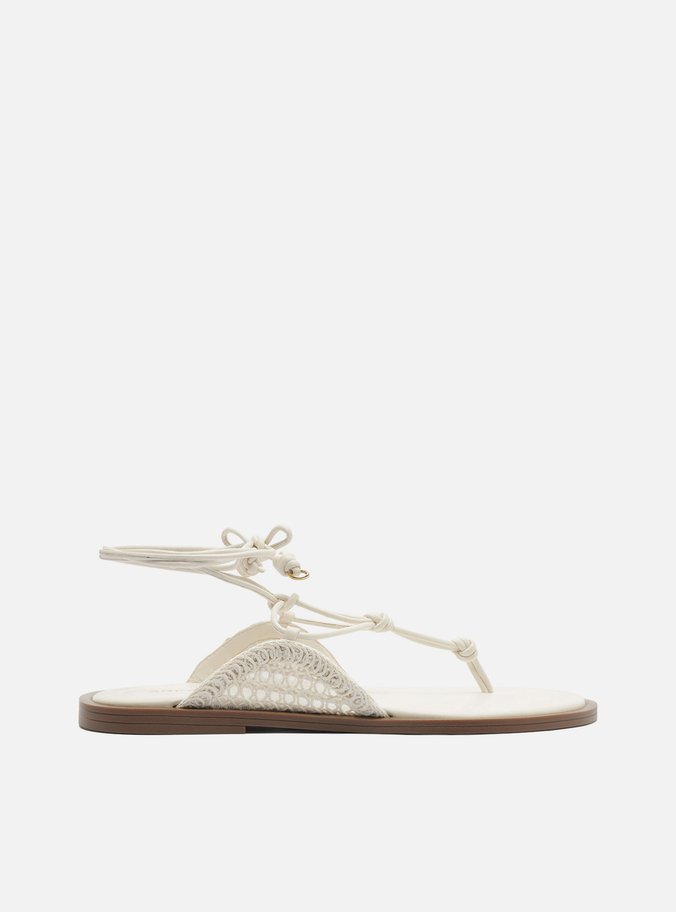 Sandália Rasteira Off-White Bordado Amarração