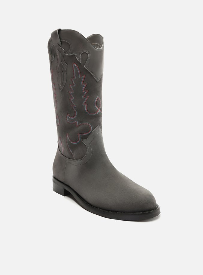 Bota Cinza Acamurçada Cano Longo Bordado Western