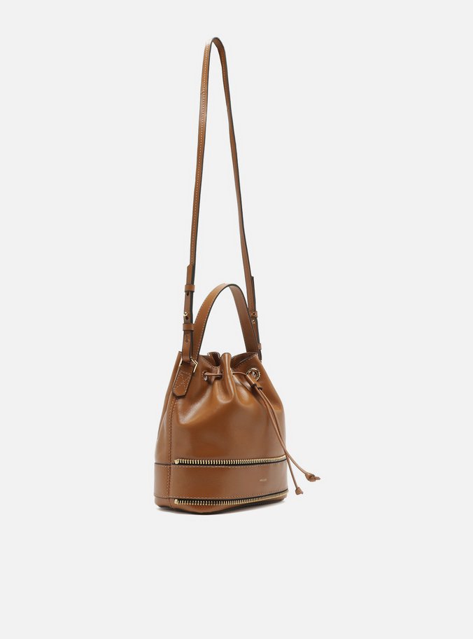 Bolsa Bucket Marrom Couro Média Zíper