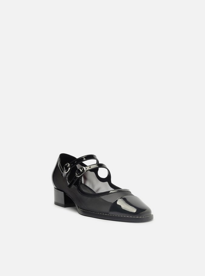 Sapato Boneca Preto Tela Bloco Cap Toe