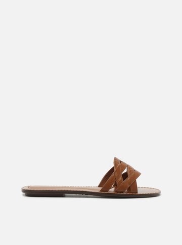 Rasteira Marrom Flat Bico Redondo Tiras