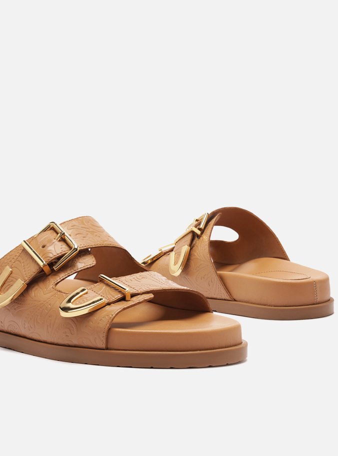 Papete Marrom Caramel Couro Tiras Metais Fivela