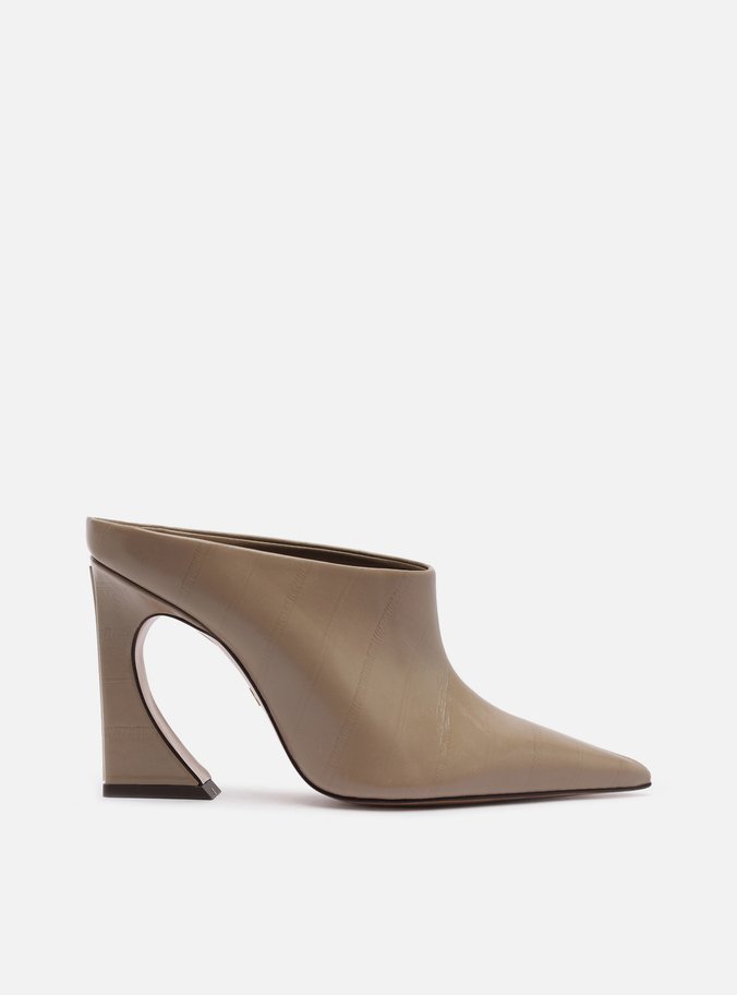 Mule Cinza Couro Textura Salto Alto Flare