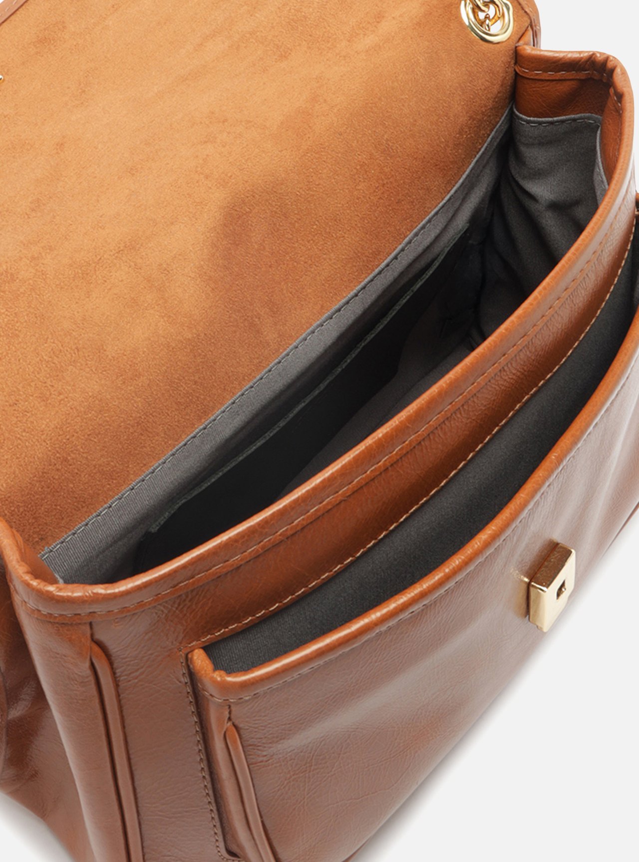 Bolsa Tiracolo Marrom Couro Média Alça Corrente — foto 4