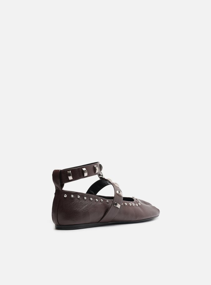 Sapatilha Boneca Marrom Couro Metais Tira Ankle
